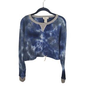 Blue Pink Tie Front Crop Top Womens Medium Blue Tie Dye Long Sleeve Crew Neck Ca